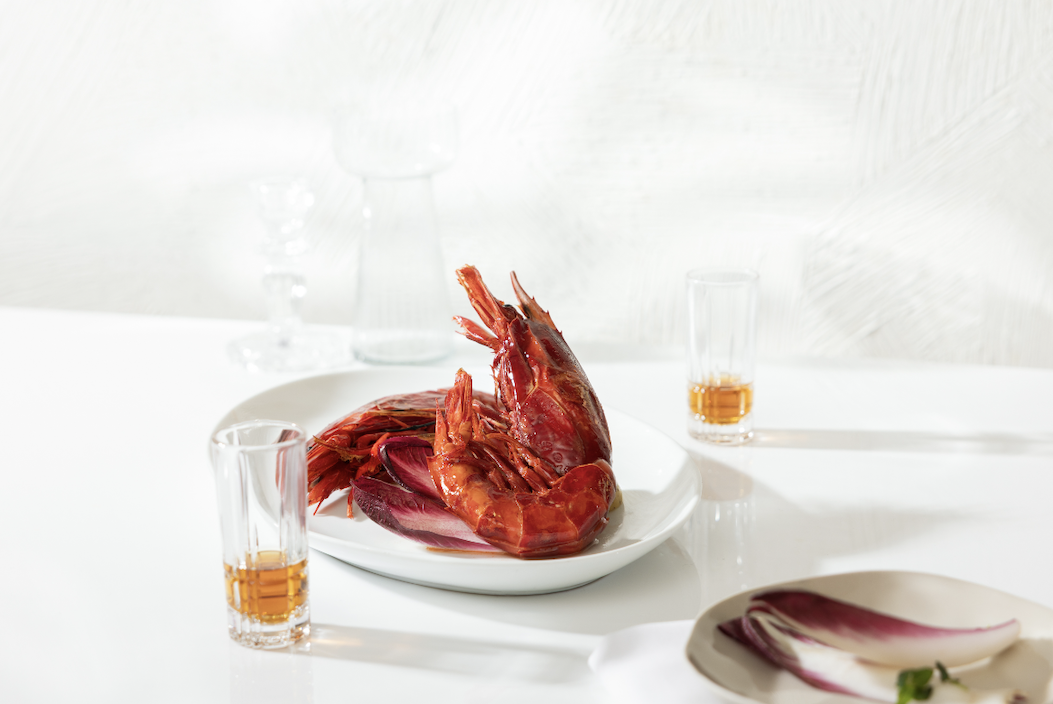 A plate of Carabinero shrimp, exclusively at Estiatorio Milos