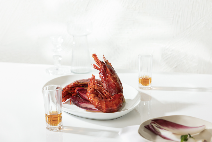Crimson Carabinero shrimp, one of the world's rarest shellfish, exclusively at Estiatorio Milos