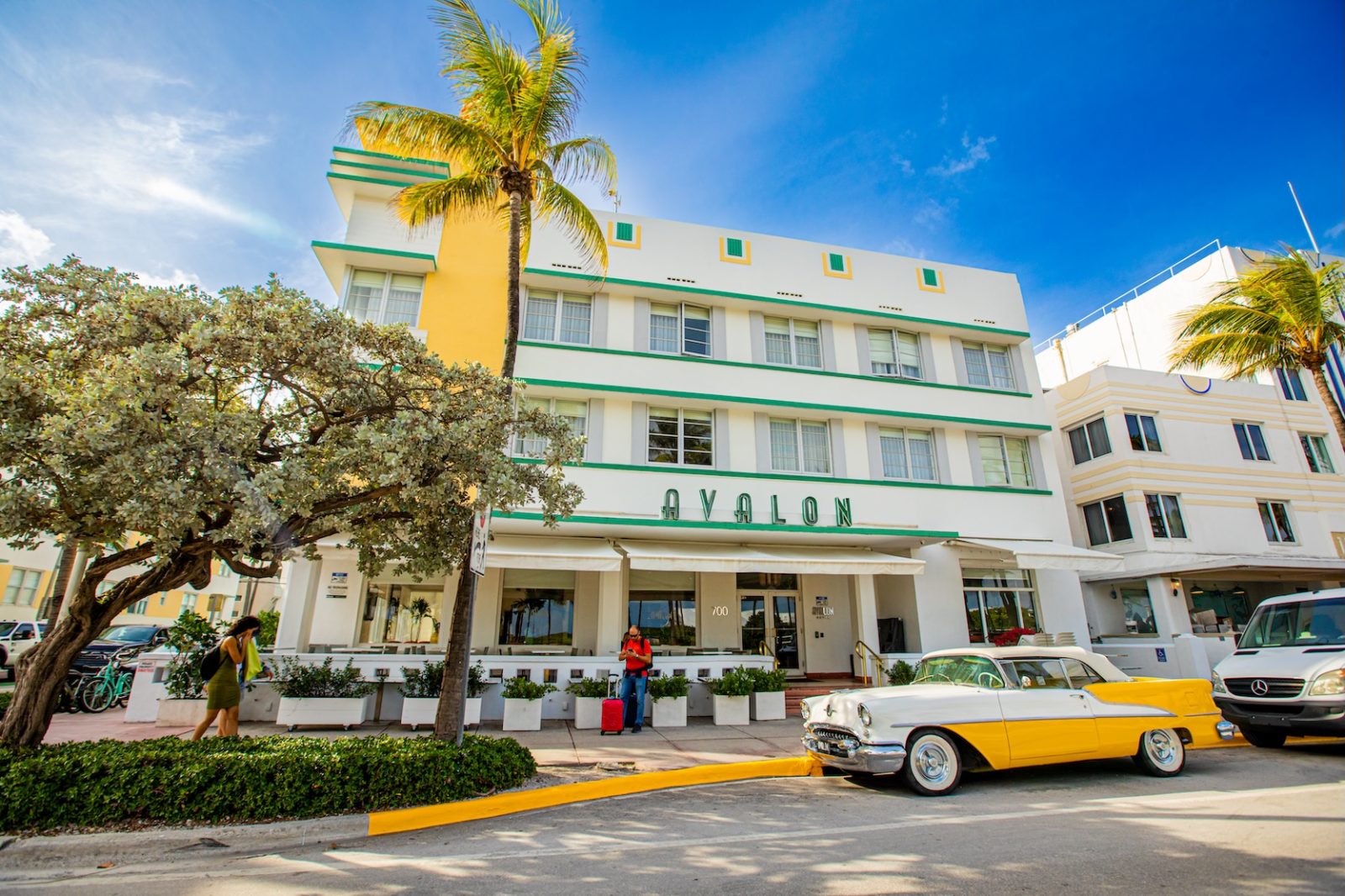 Facade of Avalon Hotel South Beach Miami with vintage car