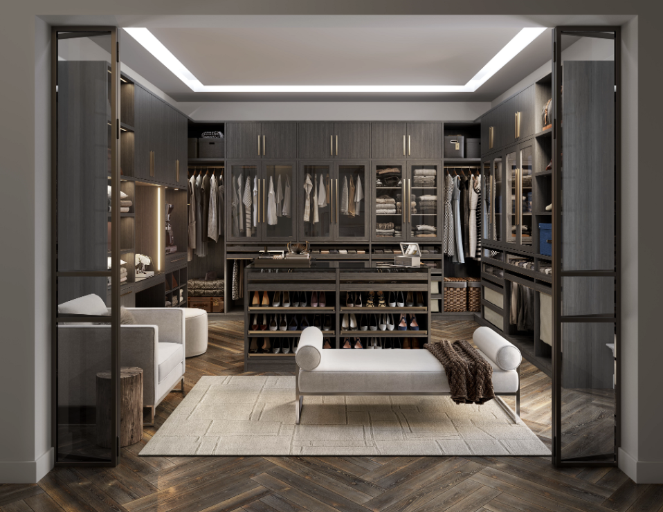 california closets wall seville dark wood primary closet