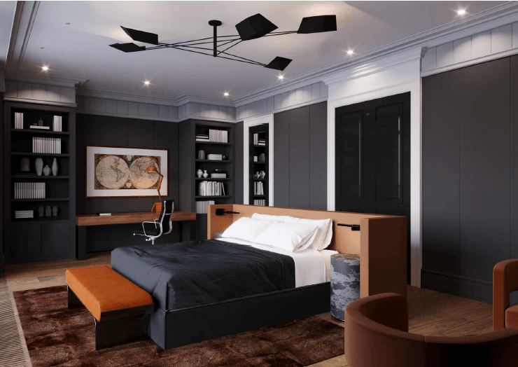 Dark modern bedroom with custom built-ins, black paneled walls, warm wood accents, and integrated desk
