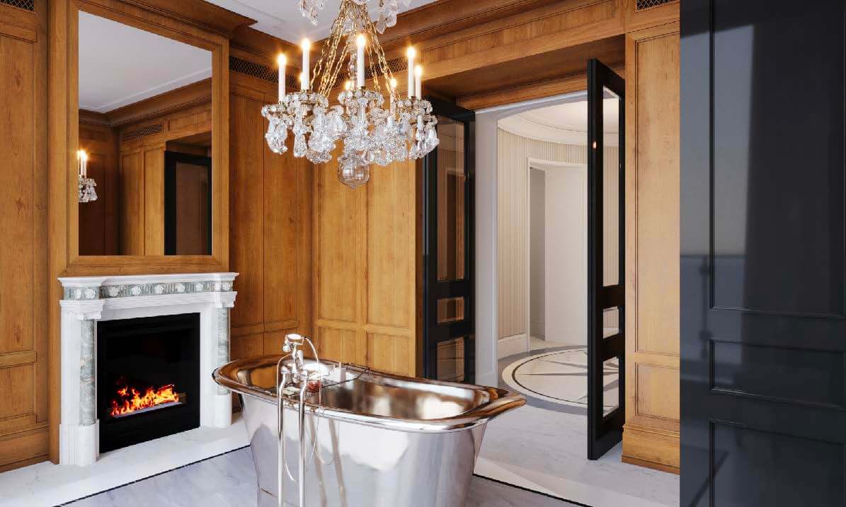 Luxury bathroom with warm wood paneling, crystal chandelier, freestanding metal tub, and marble fireplace