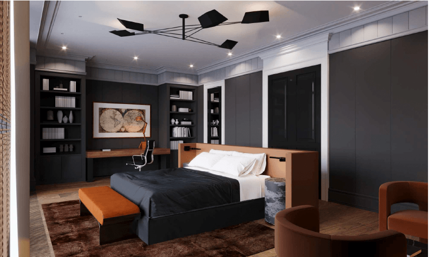 Dark modern bedroom with custom built-ins, black paneled walls, warm wood accents, and integrated desk