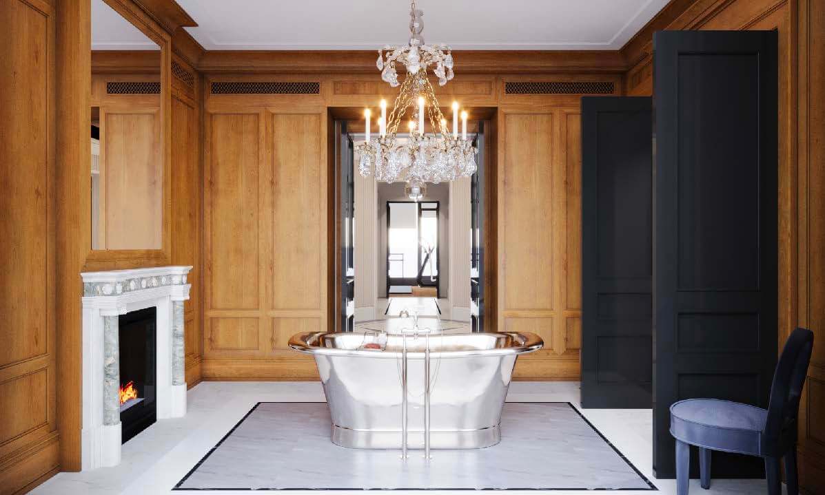 Classic bathroom with freestanding metal tub, marble fireplace, crystal chandelier, and rich wood wall paneling