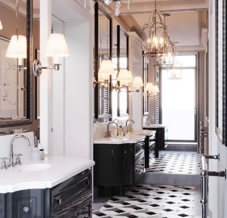 Elegant black-and-white bathroom with patterned tile floor, double vanity, and hanging lantern-style lights