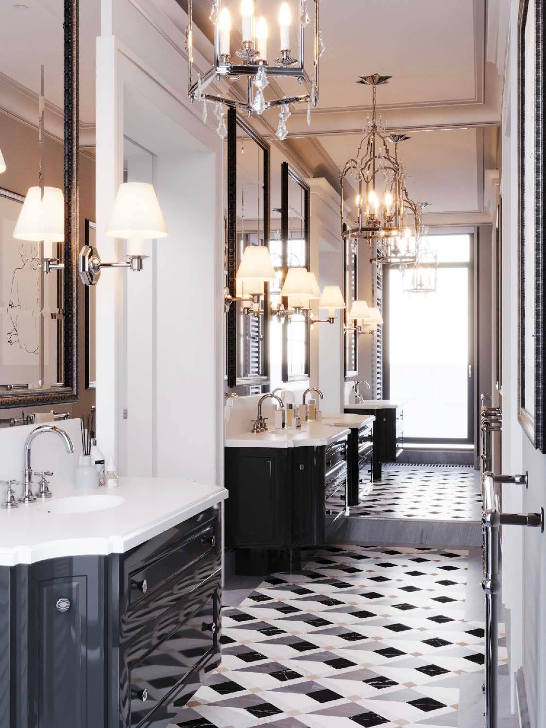 Elegant black-and-white bathroom with patterned tile floor, double vanity, and hanging lantern-style lights