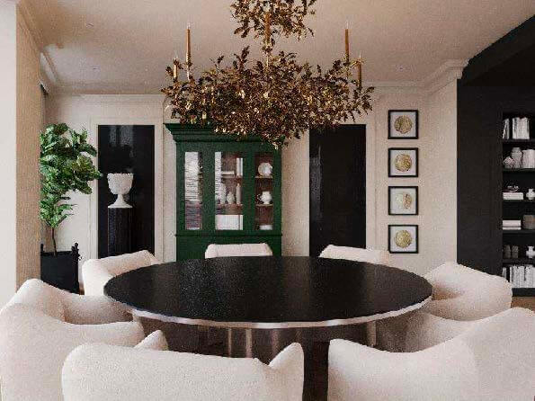 Sophisticated dining room with round black table, sculptural chandelier, curved white chairs, and dark built-ins