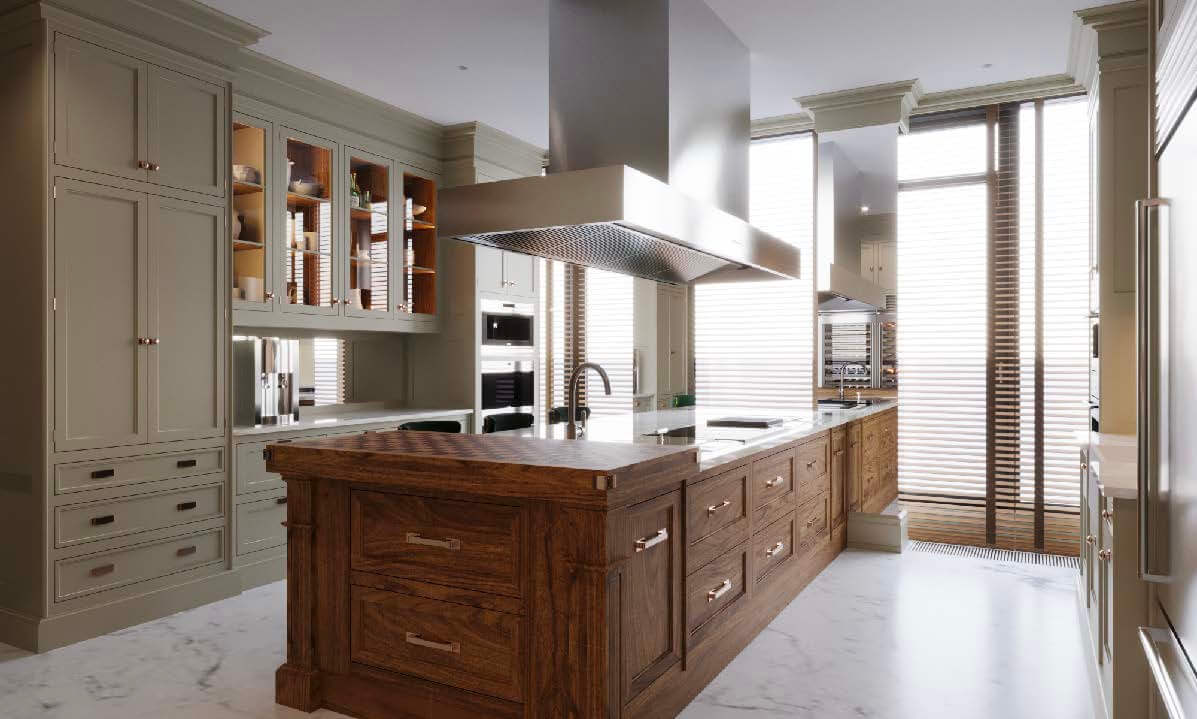 Refined kitchen with taupe cabinetry, rich wood island, marble flooring, and oversized stainless steel hood