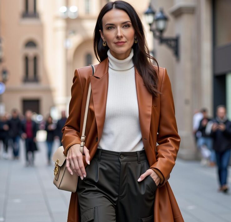 Portrait of Elena Tushina of Smartline in a brown leather blazer, white turtleneck, black trousers, and neutral handbag