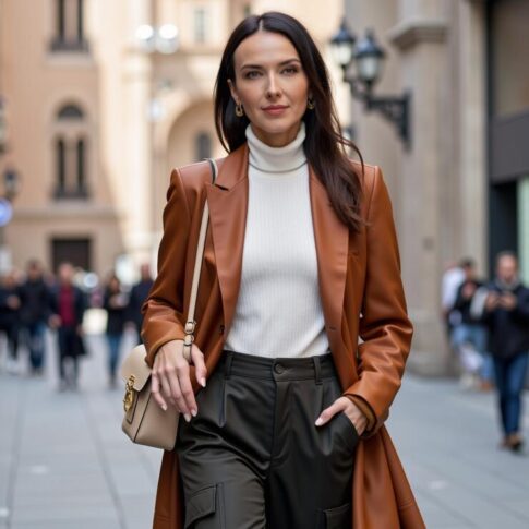 Portrait of Elena Tushina of Smartline in a brown leather blazer, white turtleneck, black trousers, and neutral handbag
