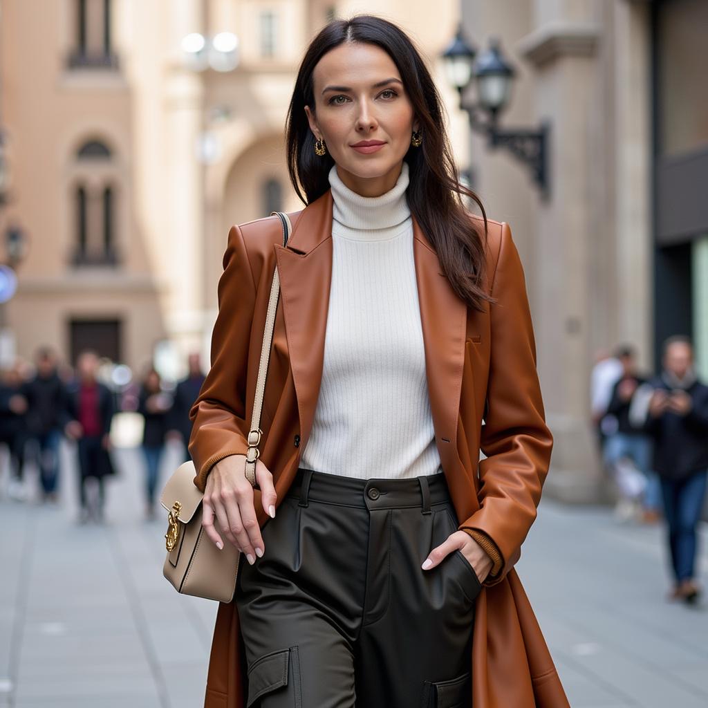 Portrait of Elena Tushina of Smartline in a brown leather blazer, white turtleneck, black trousers, and neutral handbag