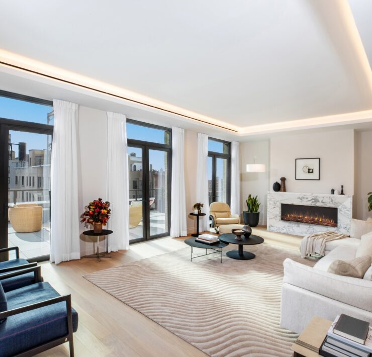Luxury $12M pre-war penthouse at 720 West End Avenue on Manhattan’s Upper West Side featuring Boffi interiors, Hudson River views, and expansive contemporary living spaces.
