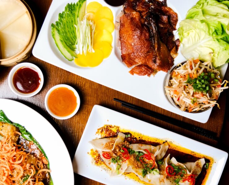 red pine half roasted duck peking lettuce cups chilean sea bass and wagyu beef dumplings