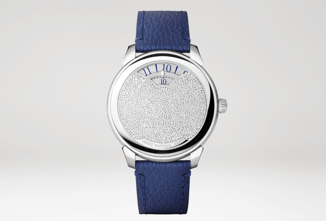 Louis Vuitton watch with a blue leather strap and silver tone face for Father's Day 2026