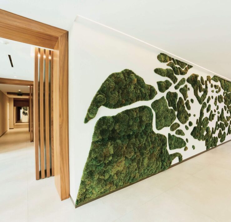 Modern hallway featuring a large preserved moss wall installation and warm wood details