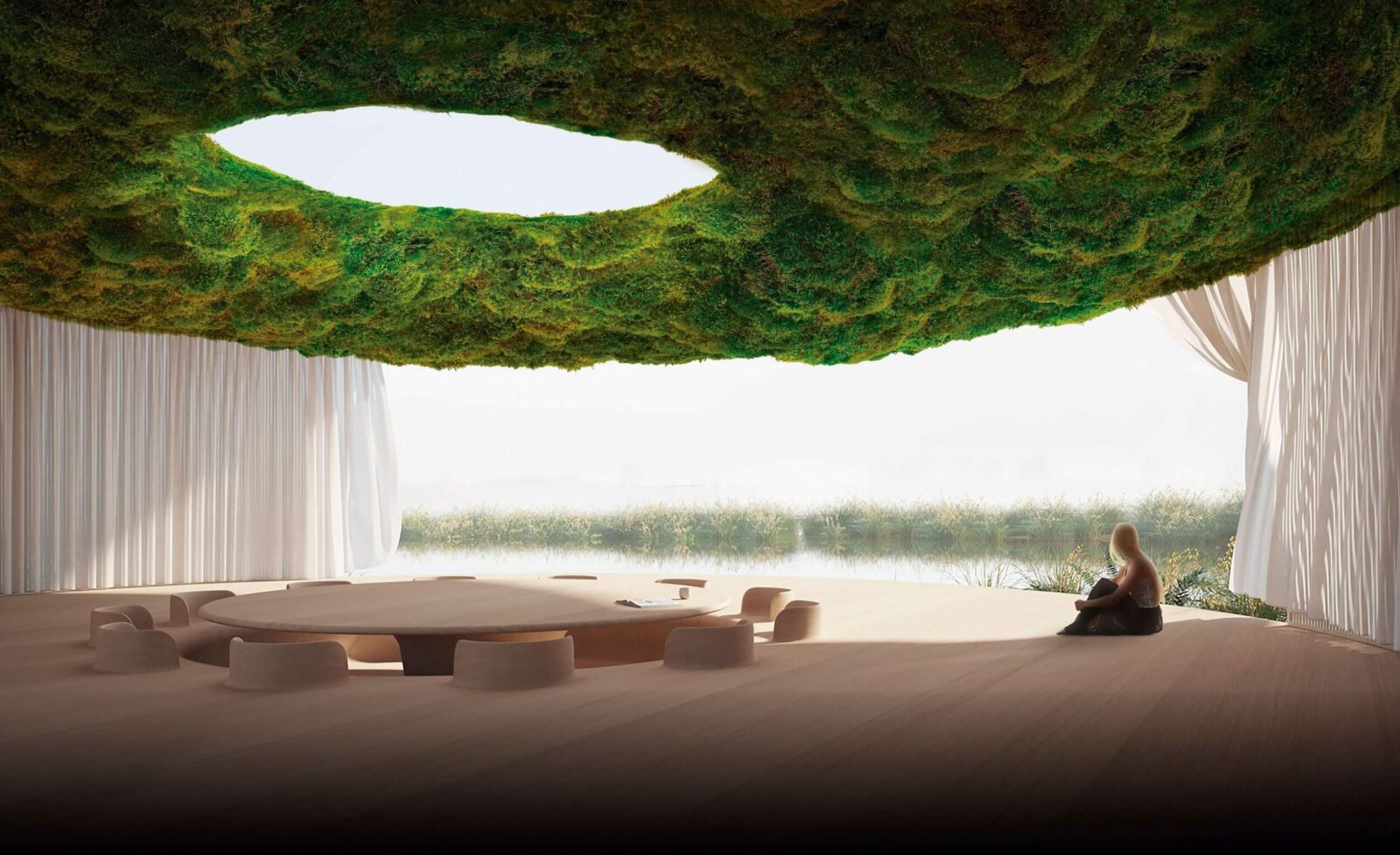 Sculptural moss ceiling installation in a serene, nature-inspired modern interior