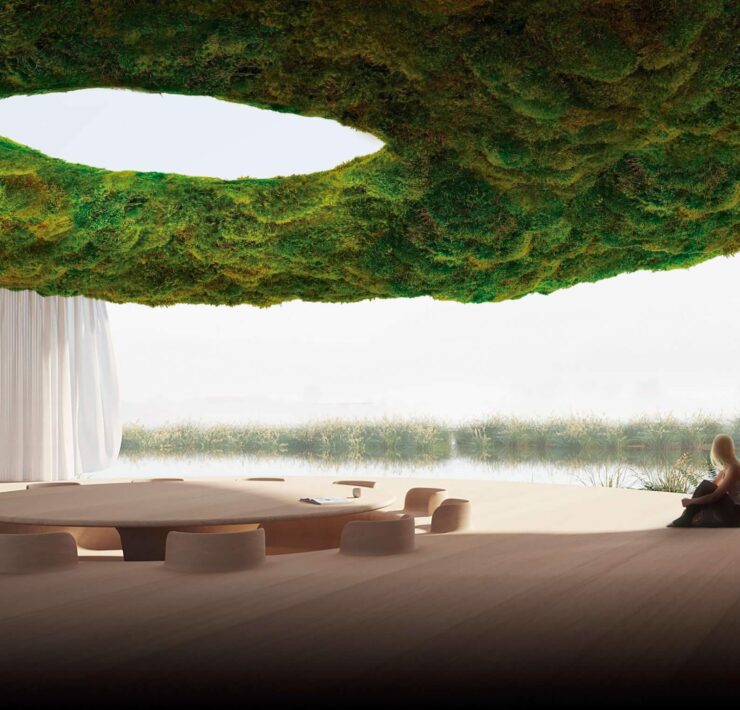 Sculptural moss ceiling installation in a serene, nature-inspired modern interior