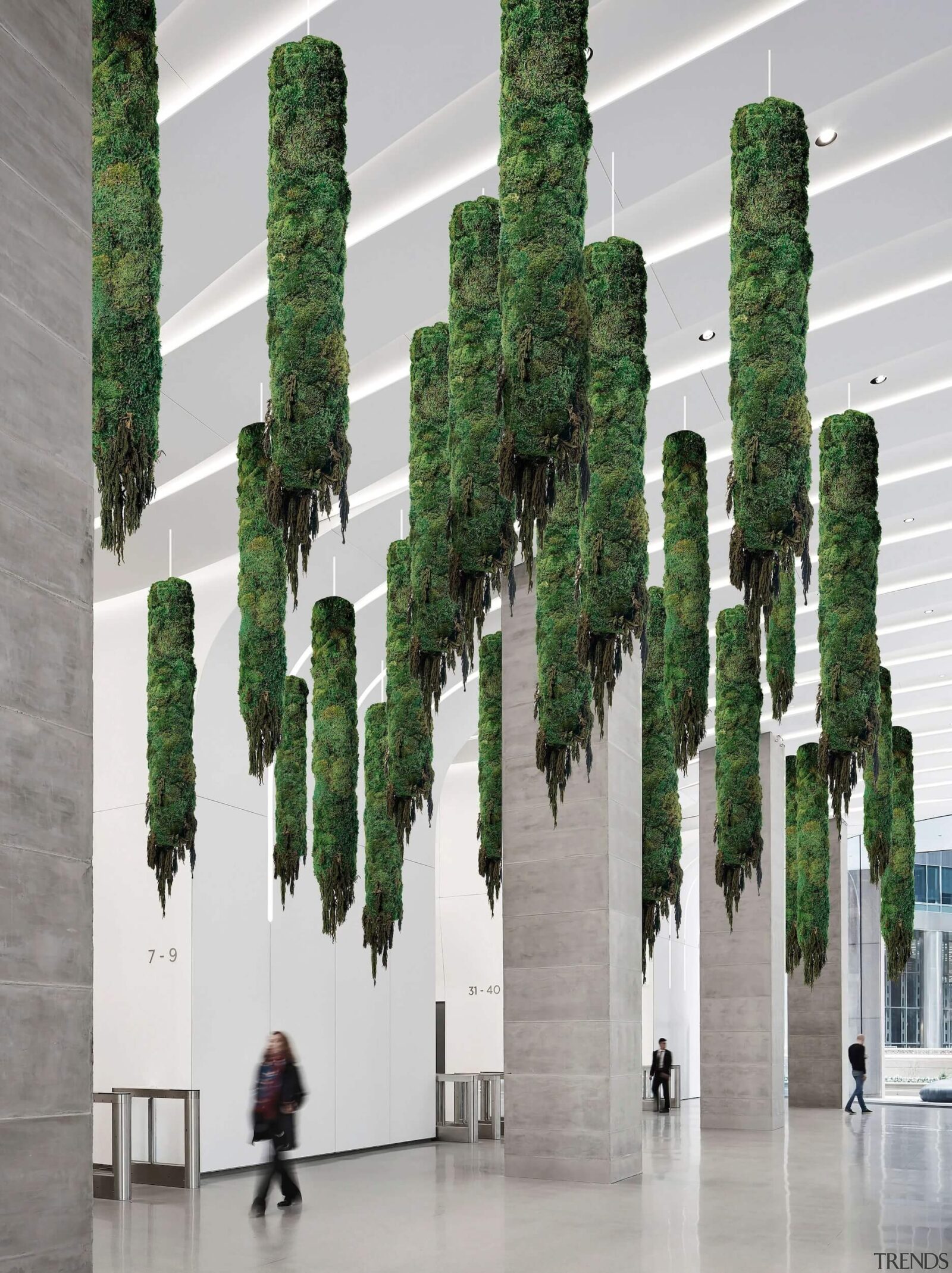 Suspended preserved moss columns hanging from the ceiling in a modern commercial lobby with concrete pillars and minimalist architecture