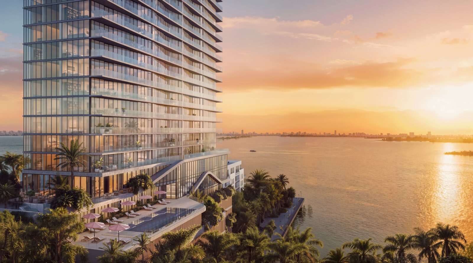 The Cove Residences Miami pool view at sunset overlooking Biscayne Bay