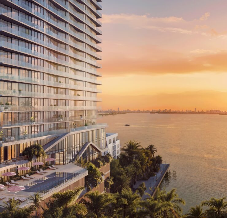 The Cove Residences Miami pool view at sunset overlooking Biscayne Bay