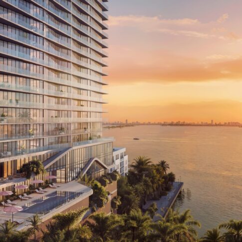 The Cove Residences Miami pool view at sunset overlooking Biscayne Bay