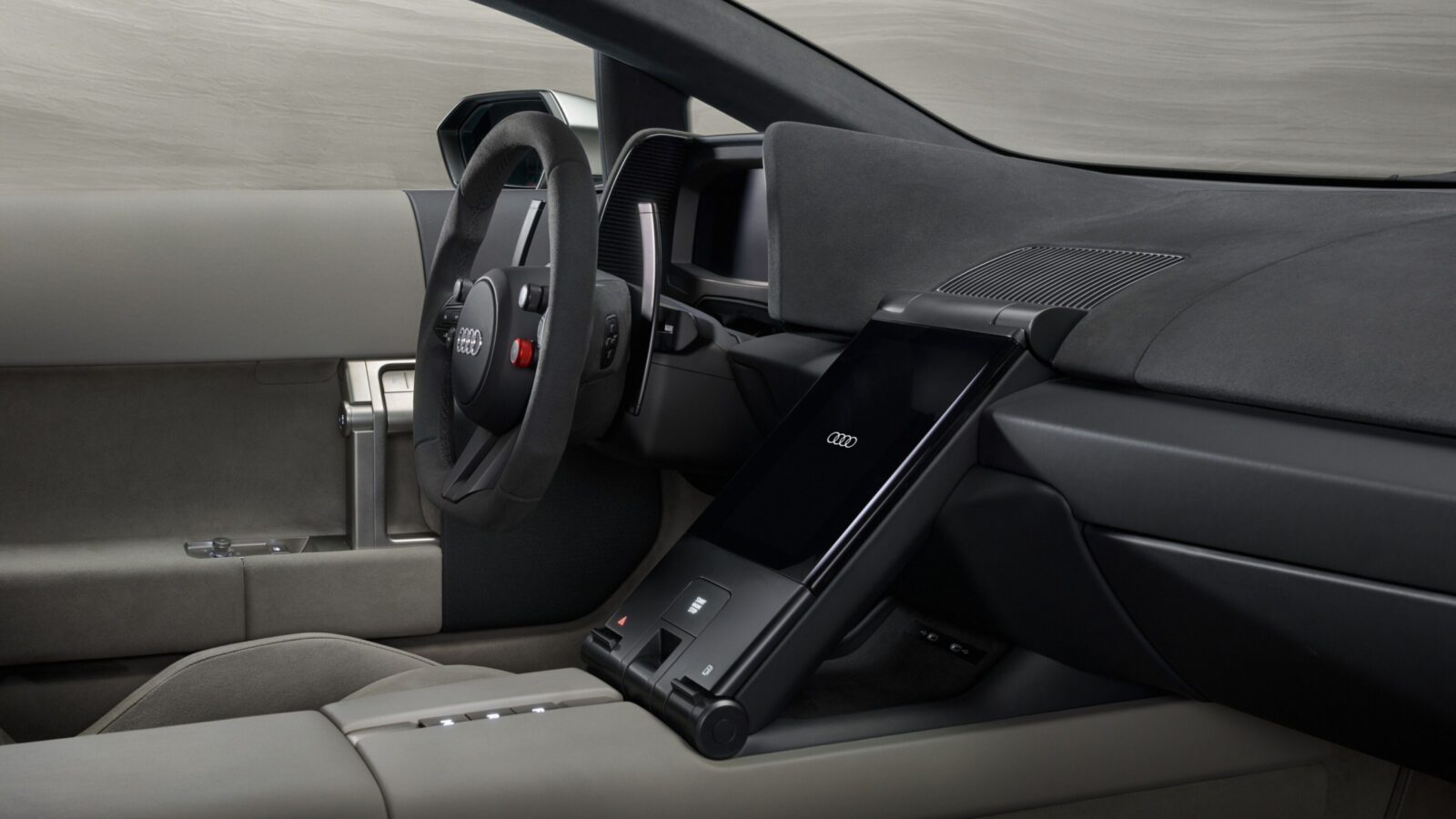 In-studio interior view, steering wheel, dashboard