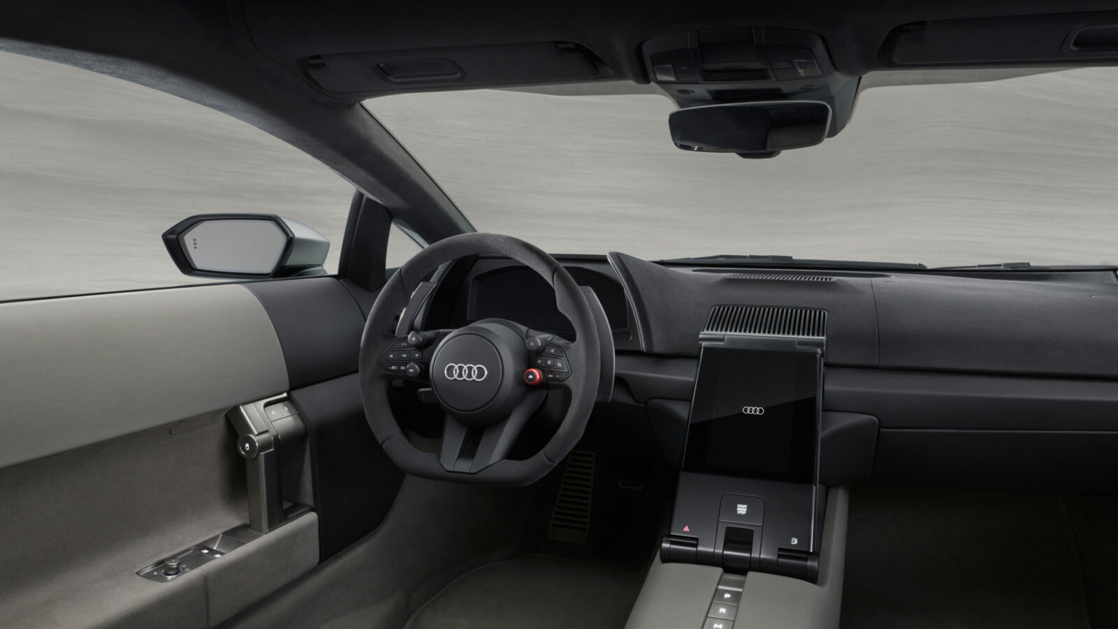 In-studio interior view, steering wheel, dashboard