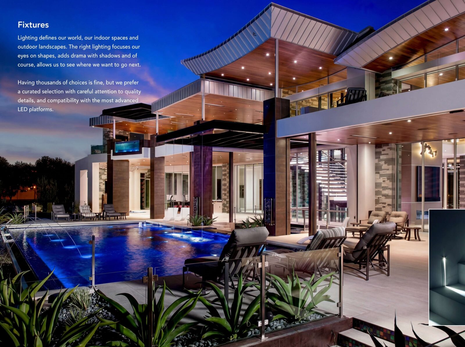 Modern luxury home exterior with architectural lighting fixtures, outdoor LED lighting, and integrated smart home technology by Sound & Vision Technology