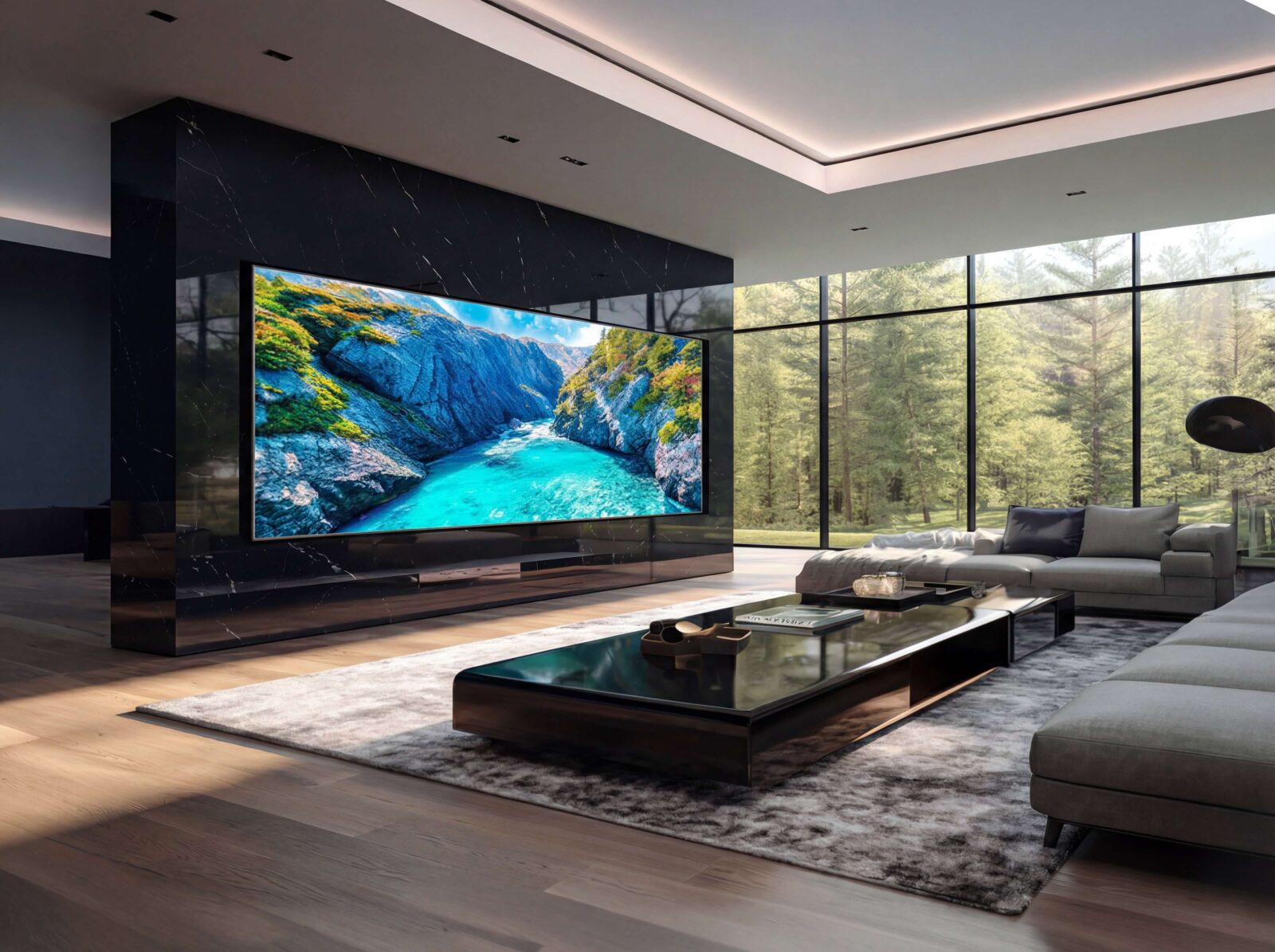 Modern luxury living room with oversized integrated TV, smart entertainment system, and seamless audio-video technology by Sound & Vision Technology