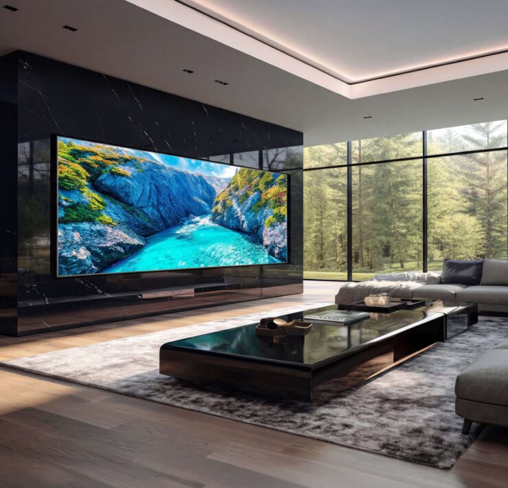 Modern luxury living room with oversized integrated TV, smart entertainment system, and seamless audio-video technology by Sound & Vision Technology