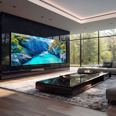 Modern luxury living room with oversized integrated TV, smart entertainment system, and seamless audio-video technology by Sound & Vision Technology