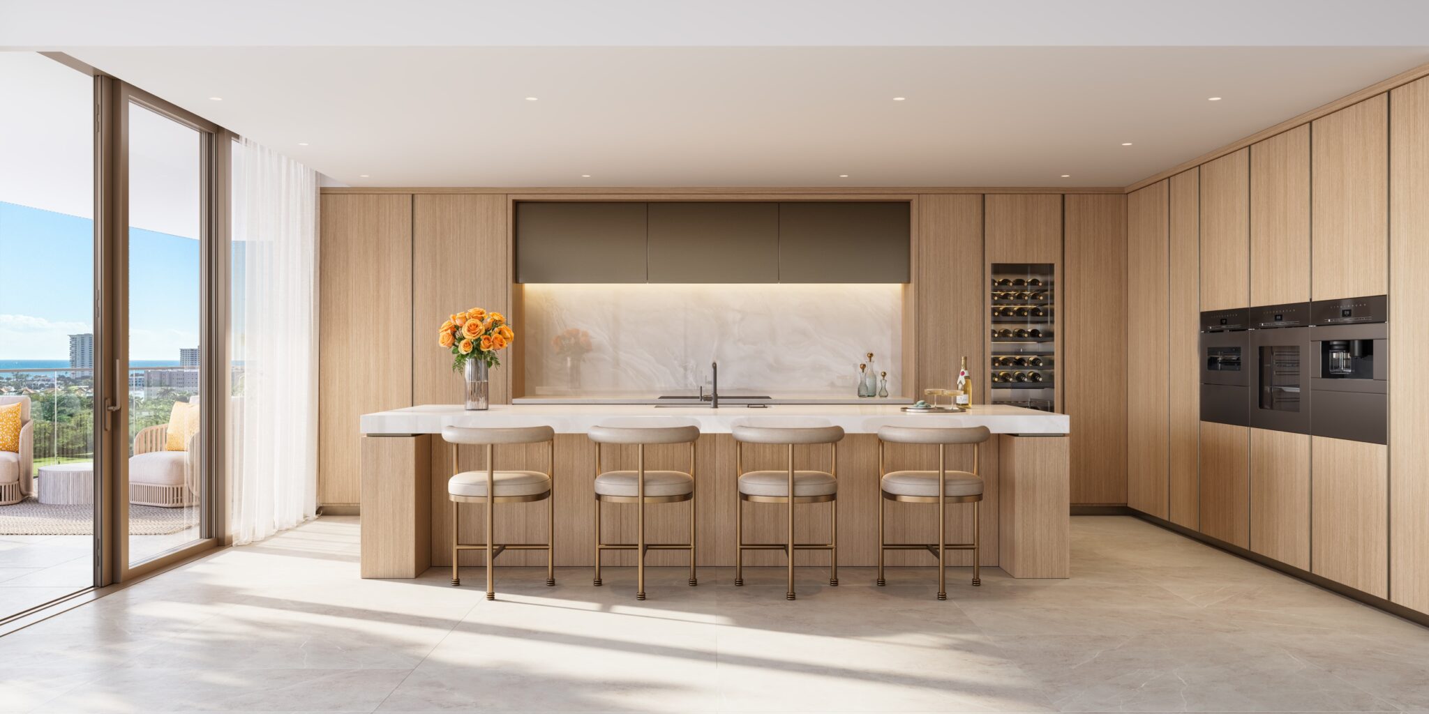 Contemporary luxury kitchen interior at Glass House Boca Raton featuring a large island, floor-to-ceiling windows, and premium finishes.