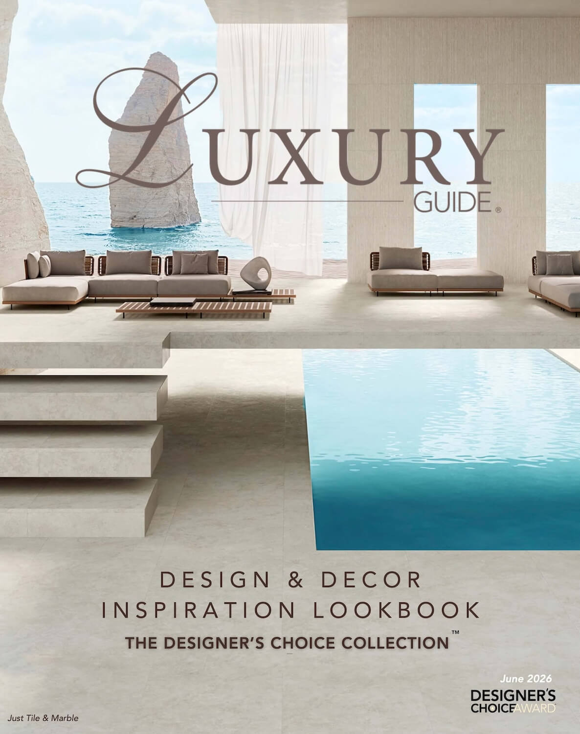 Luxury Guide Design & Decor Inspiration Lookbook cover featuring a serene modern poolside interior with stone surfaces and ocean views.