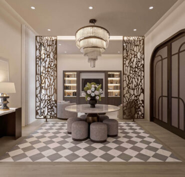 Trazzo elegant foyer chandelier lighting with decorative screens, recessed ceiling lights, and warm architectural lighting design.