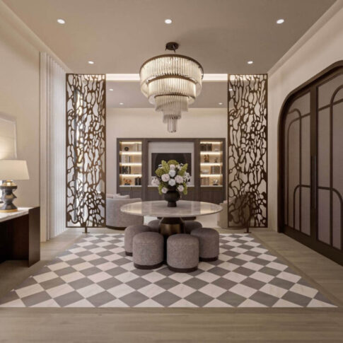 Trazzo elegant foyer chandelier lighting with decorative screens, recessed ceiling lights, and warm architectural lighting design.