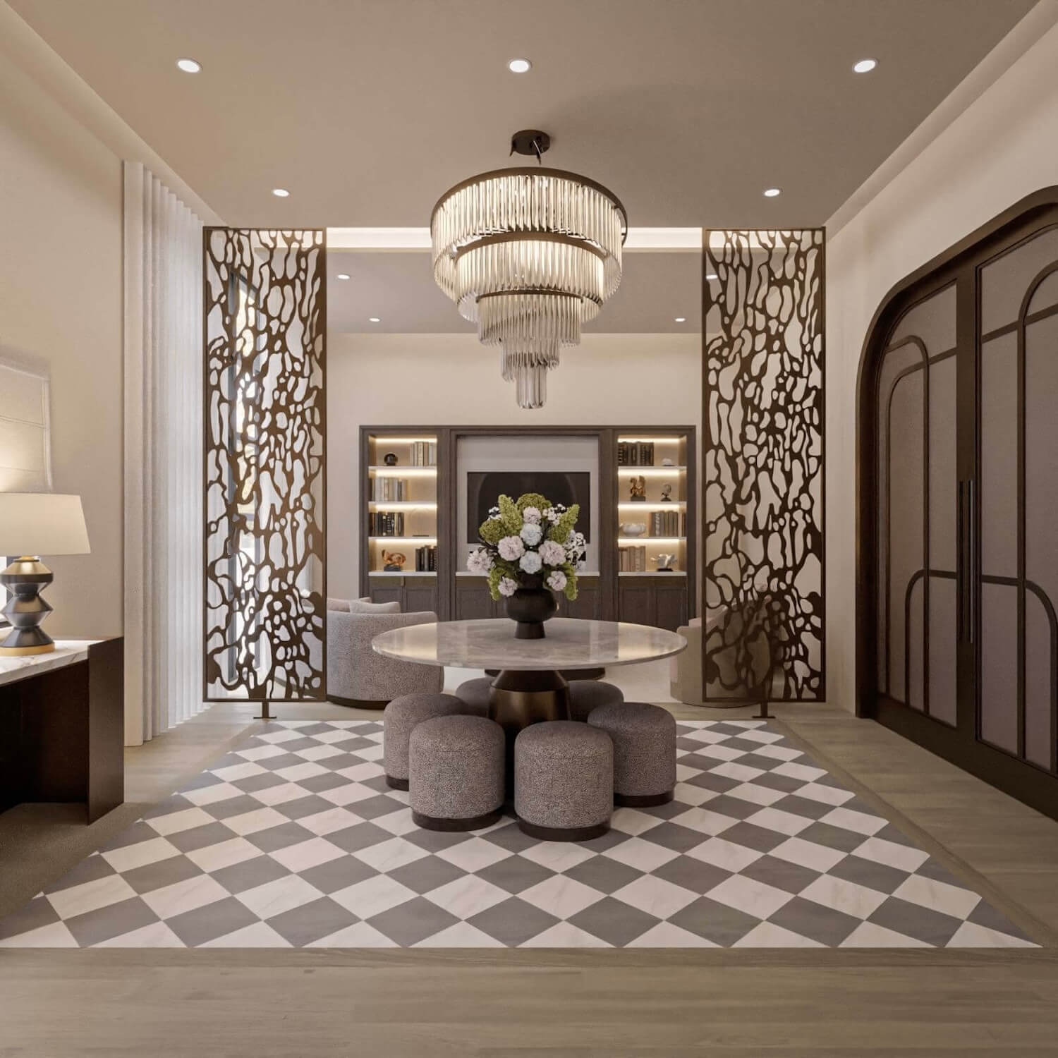 Trazzo elegant foyer chandelier lighting with decorative screens, recessed ceiling lights, and warm architectural lighting design.