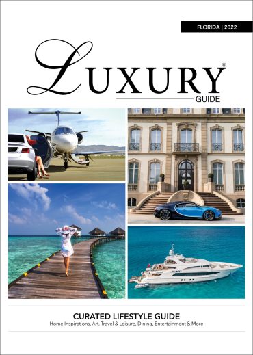 2022 Luxury Guide Florida Edition Luxury Guide Florida 2022 cover featuring a private jet, luxury cars, an oceanfront villa, a tropical boardwalk, and a yacht.