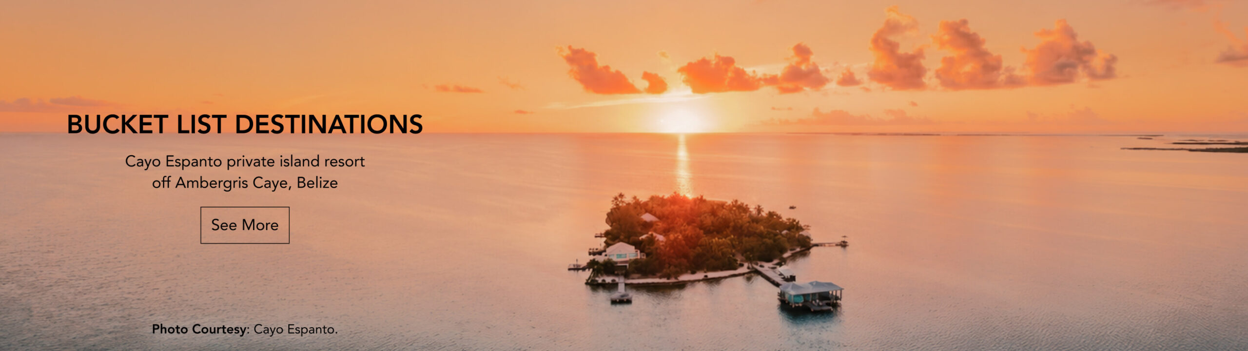 Aerial view of Cayo Espanto private island resort near Ambergris Caye, Belize, at sunset, featured by Leviate Air Group.