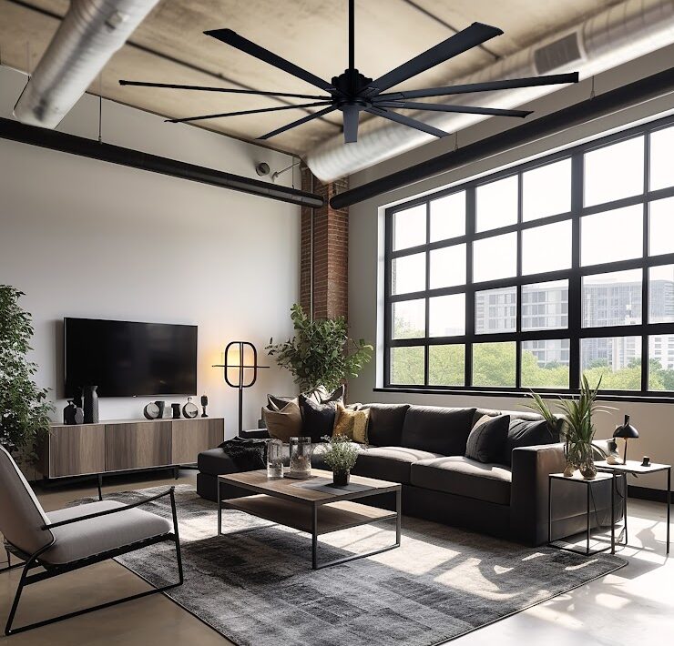 Modern black Minka Aire Extreme ceiling fan in a bright living room with large windows, neutral furnishings, and contemporary décor.