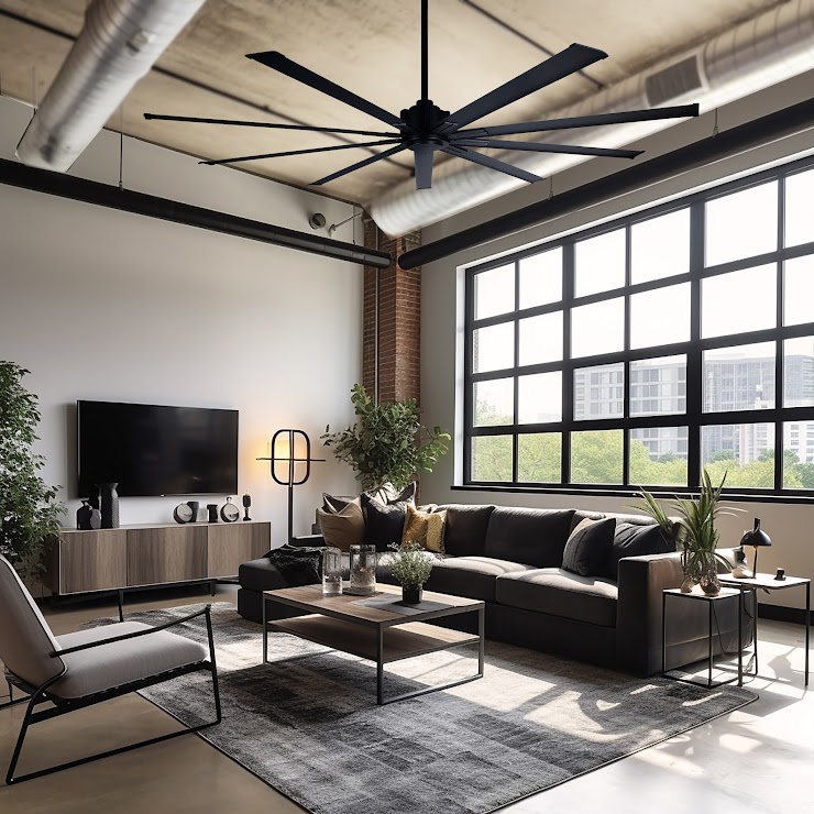 Modern black Minka Aire Extreme ceiling fan in a bright living room with large windows, neutral furnishings, and contemporary décor.