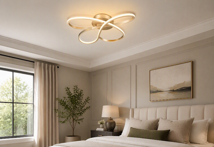 Minka Astor LED flush mount light fixture above a neutral bedroom with soft bedding, wall paneling, and natural light.