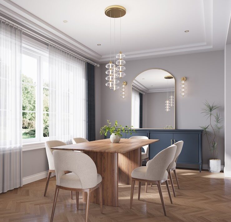 Minka Bollavino LED pendant lights in an elegant dining room with a wood table, upholstered chairs, and wall sconces.