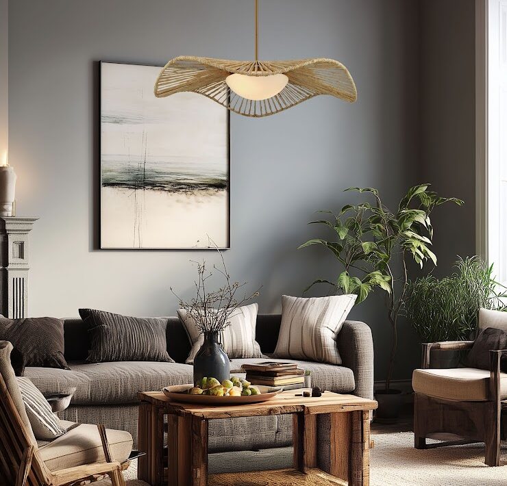Minka Lavery Longfield multi-light pendant above a cozy living room with layered textiles, wood furniture, and greenery.