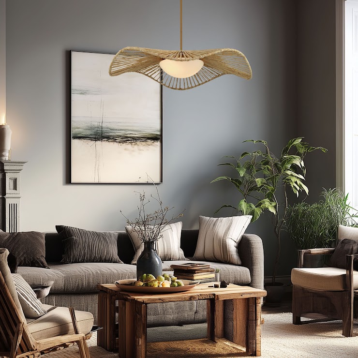 Minka Lavery Longfield multi-light pendant above a cozy living room with layered textiles, wood furniture, and greenery.