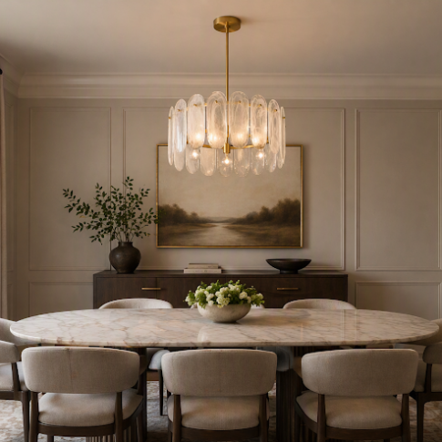 Minka Oldmill glass chandelier above an oval marble dining table with upholstered chairs, wall paneling, and soft neutral décor.