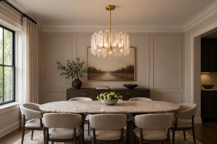 Minka Oldmill glass chandelier above an oval marble dining table with upholstered chairs, wall paneling, and soft neutral décor.