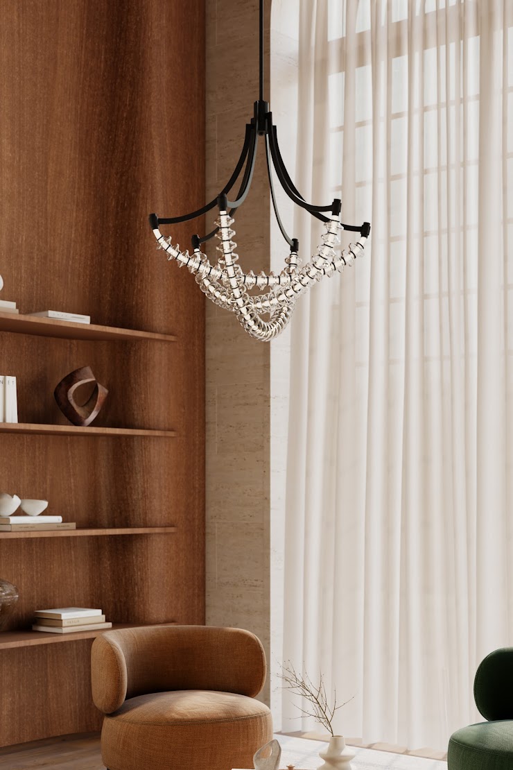 Minka Pearl abstract chandelier with glass detailing in a warm interior with wood shelving, soft curtains, and lounge seating.