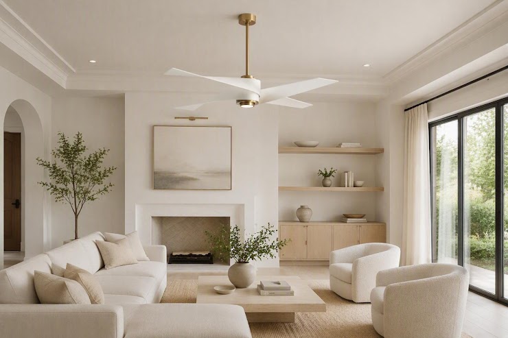 MinkaAire Artemis white and brass ceiling fan in a bright neutral living room with cream seating, open shelving, and large glass doors.