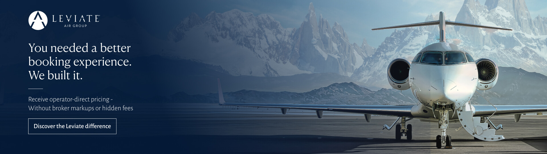 Leviate Air Group private jet on a mountain runway promoting the FlyMore operator-direct booking experience.