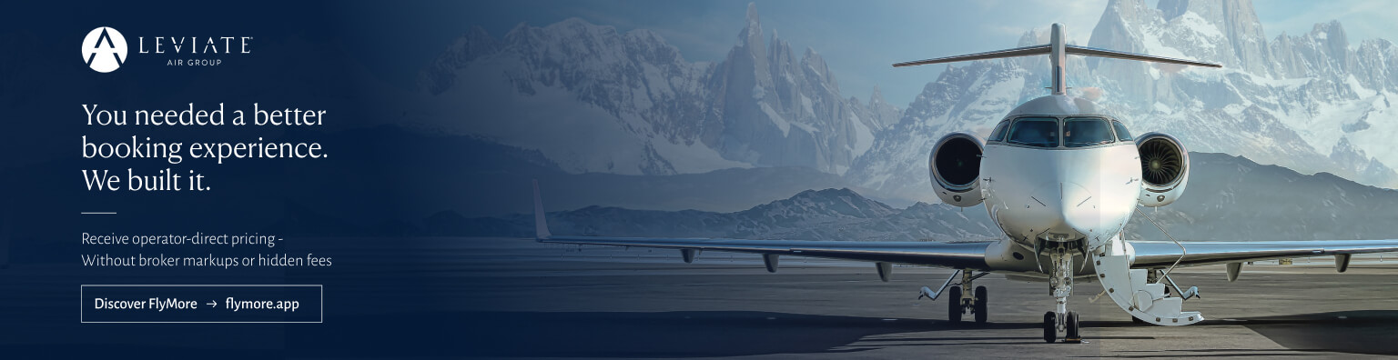Leviate Air Group private jet on a mountain runway promoting FlyMore operator-direct private jet booking.
